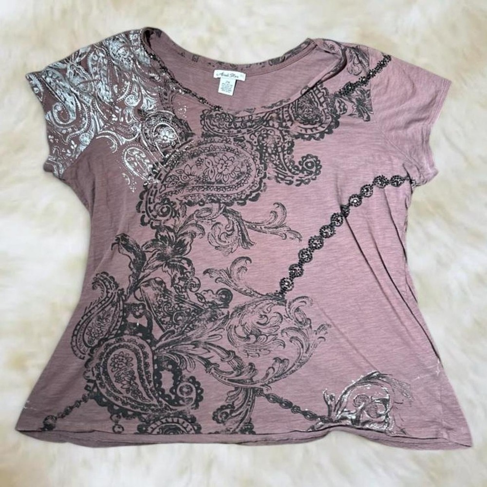 Adobe Star Y2K Paisley Graphic Rhinestone Mauve Pink Tee Size 2X